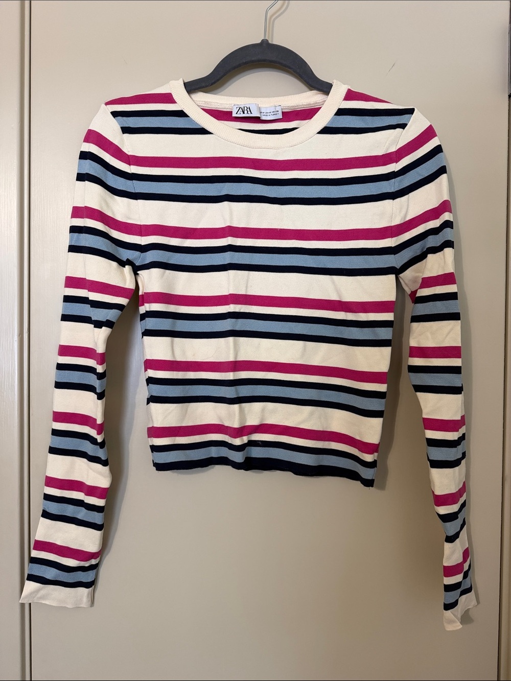 Zara Cream Crewneck Sweater with Pink, Navy & Light Blue Stripes